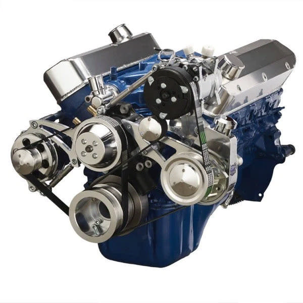 Ford 302 c.i. SB Compatible Front Accessory Drive - Dual-Belt Quick Serpentine with Alternator - AC - Power Steering - Water Pump - Brackets and Bolts - Polished