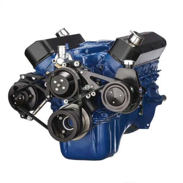 Ford 302 c.i. SB Compatible Front Accessory Drive - Dual-Belt Quick Serpentine w/ Alternator - Power Steering - Water Pump - Brackets and Bolts - Black