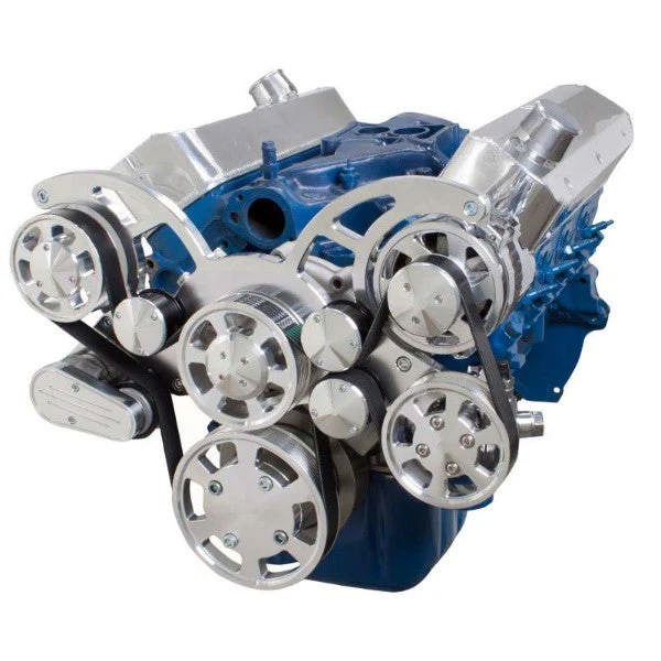 Ford 302 c.i. and 351 Windsor SB Compatible Front Accessory Drive - Full Serpentine with Alternator - Power Steering - Water Pump - Brackets and Bolts - Polished