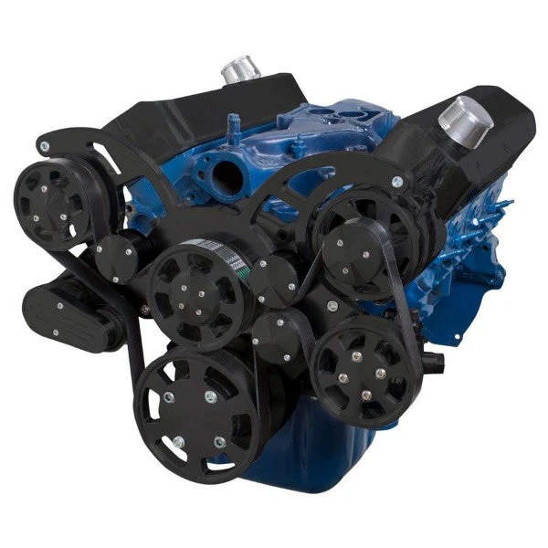 Ford 302 c.i. and 351 Windsor SB Compatible Front Accessory Drive - Full Serpentine with Alternator - Power Steering - Water Pump - Brackets and Bolts - Black