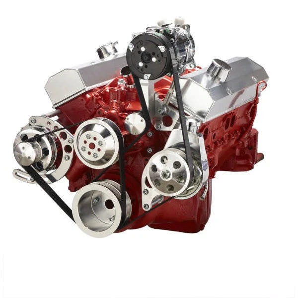 GM SB Compatible Front Accessory Drive - Dual-Belt Quick Serpentine with Alternator - AC - Power Steering - Water Pump - Brackets and Bolts - Polished