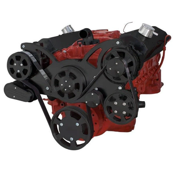 GM SB Compatible Front Accessory Drive - Full Serpentine with Alternator - AC - Power Steering - Water Pump - Brackets - Bolts - Black