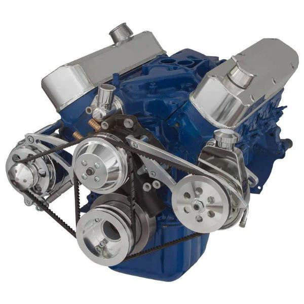 Ford 351 Windsor SB Compatible Front Accessory Drive - V-Belt - Alternator - Power Steering - Water Pump - Brackets - Bolts - Polished