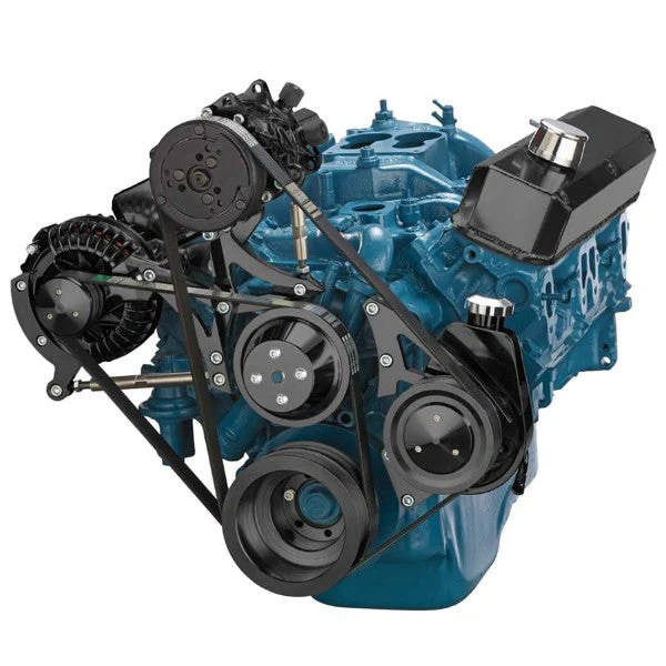 Chrysler SB Compatible Front Accessory Drive - Dual-Belt Quick Serpentine - Alternator - AC - Power Steering - Water Pump - Brackets - Bolts - Polished