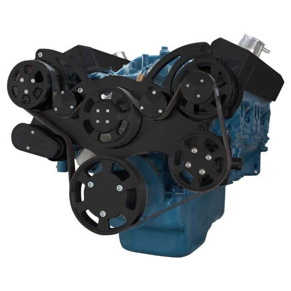 Chrysler SB Compatible Front Accessory Drive - Full Serpentine - Alternator - AC - Power Steering - Water Pump - Brackets - Bolts - Black
