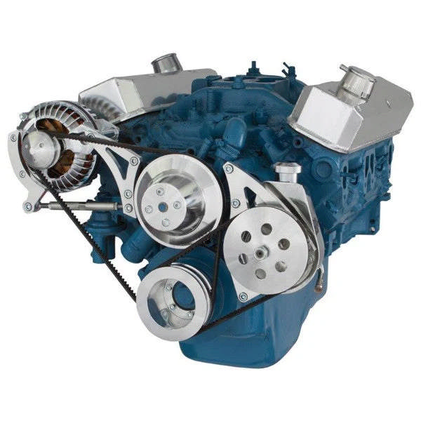 Chrysler SB Compatible Front Accessory Drive - V-Belt - Alternator - Power Steering - Water Pump - Brackets - Bolts - Polished