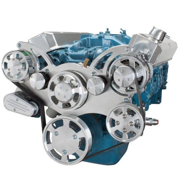 Chrysler SB Compatible Front Accessory Drive - Full Serpentine - Alternator - Power Steering - Water Pump - Brackets - Bolts - Polished