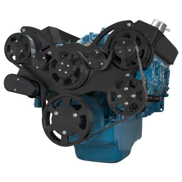 Chrysler SB Compatible Front Accessory Drive - Full Serpentine - Alternator - Power Steering - Water Pump - Brackets - Bolts - Black