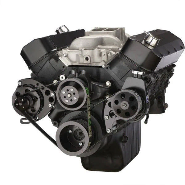 GM BB Standard Deck Compatible Front Accessory Drive - Dual-Belt Quick Serpentine - Alternator - Power Steering - Water Pump - Brackets - Bolts - Black