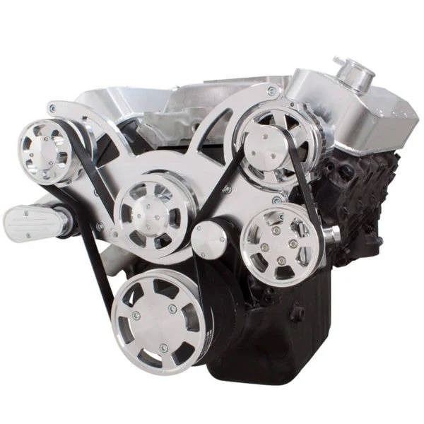 GM BB Standard and Tall Deck Compatible Front Accessory Drive - Full Serpentine - Alternator - Power Steering - Water Pump - Brackets - Bolts - Polished