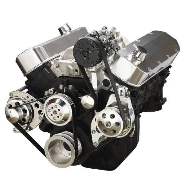 GM BB Tall Deck Compatible Front Accessory Drive - Dual-Belt Quick Serpentine - Alternator - AC - Power Steering - Water Pump - Brackets - Bolts - Polished